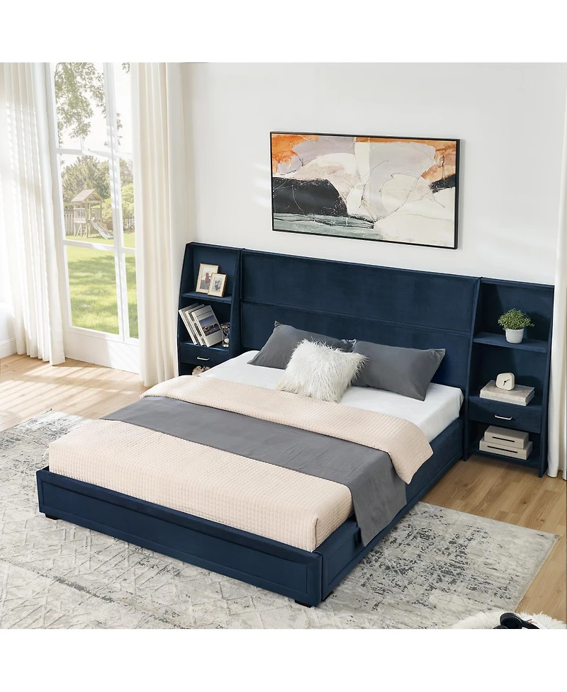 Streamdale Furniture Queen Velvet Storage Platform Bed Frame with Bookcases and Drawer