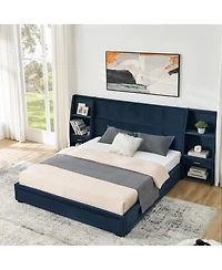 Streamdale Furniture Queen Velvet Storage Platform Bed Frame with Bookcases and Drawer