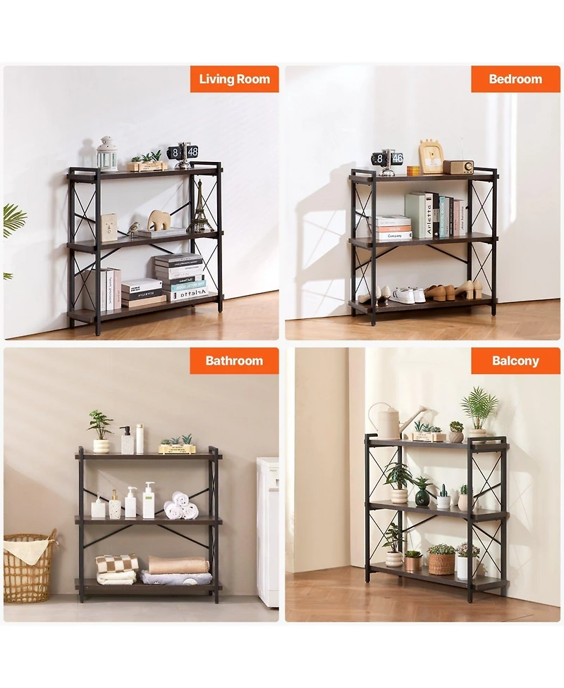 Slickblue Freestanding 3-Tier Bookshelf with Metal Frame, Rustic Storage Shelving Unit for Bedroom and Living Room