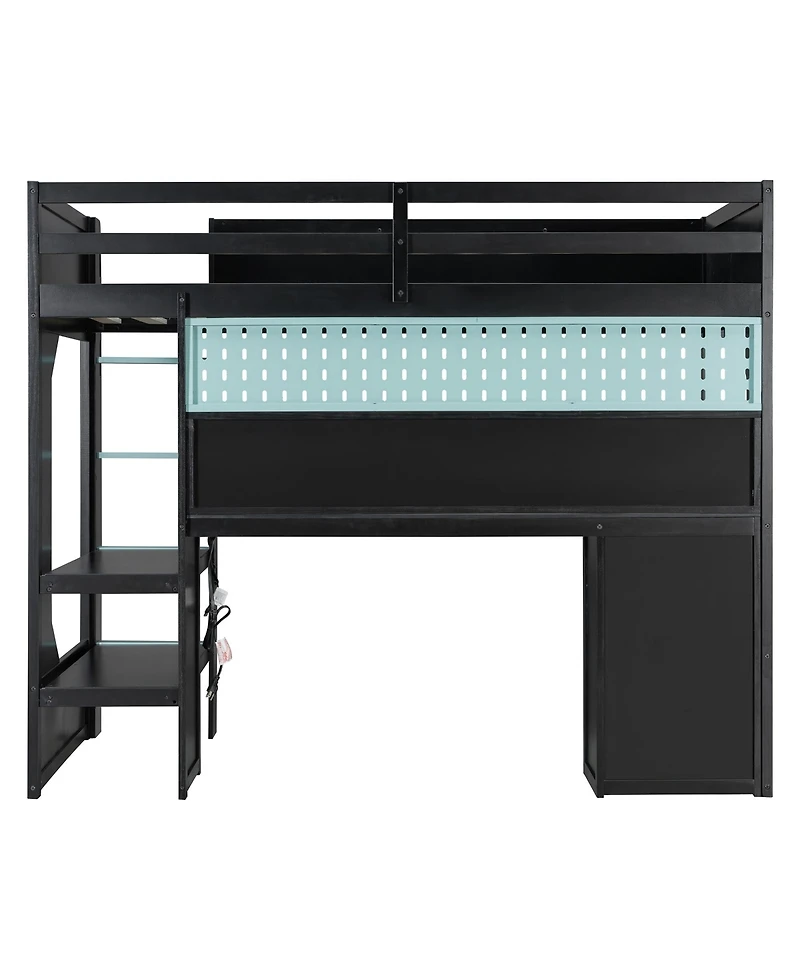 Clihome Twin Size Gaming Loft Bed with Integrated Desk and Lights, Modern Wooden Bed Frame with Desk and Built-in Charging Station