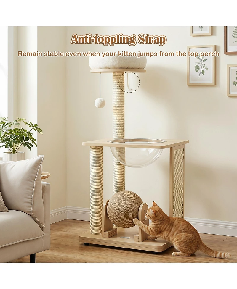 Gymax 40'' Modern Solid Wood Cat Tree with Top Perch Space Capsule Sisal Scratching Posts