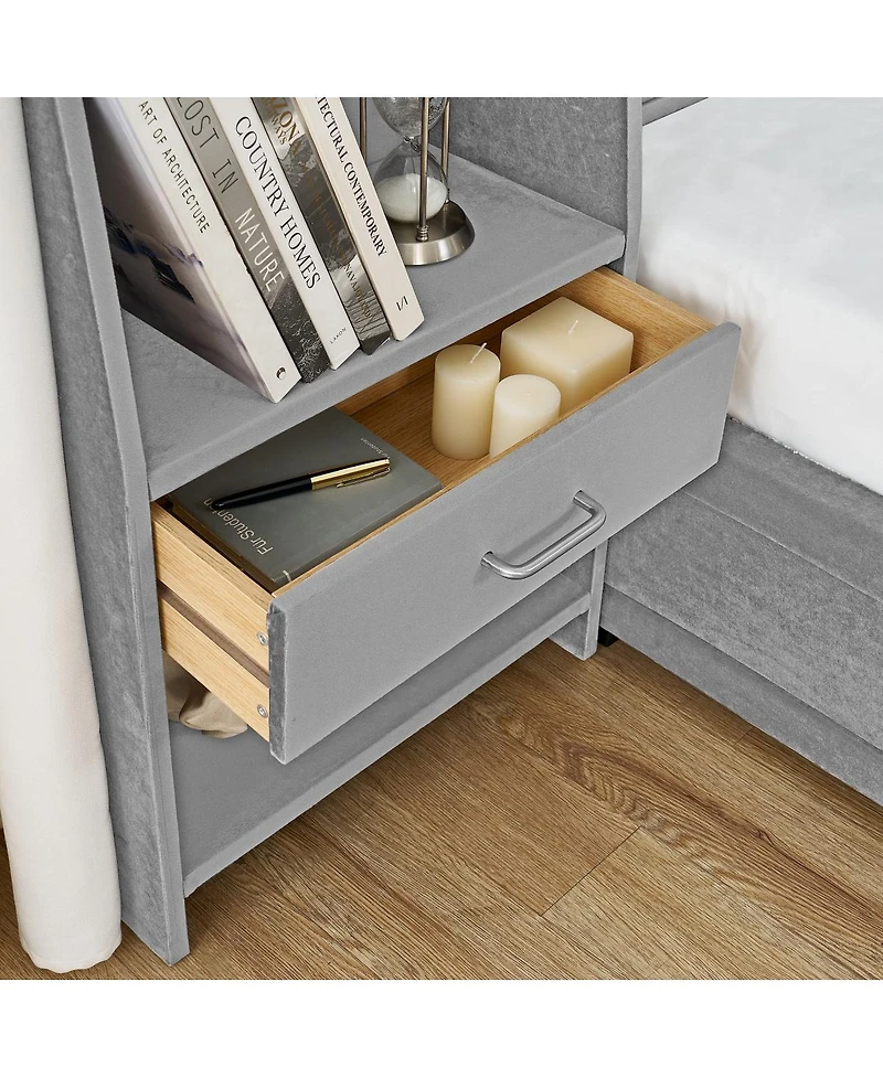 Streamdale Furniture King Size Velvet Storage Platform Bed Frame with Bookcases and Drawer