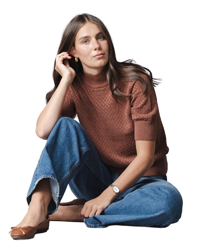 Hope & Henry Women's Organic Diamond Stitch Mock Neck Sweater