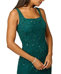 Adrianna Papell Women's Beaded-Mesh Square Neck Long Dress