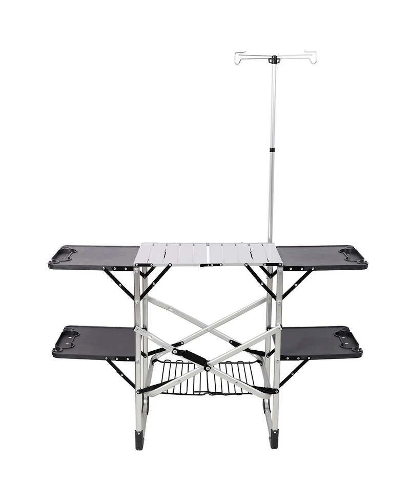 Mountaintop Foldaway Outdoor Cooking Table with Lamp Holder, 4 Side Trays, Mesh Storage Shelf