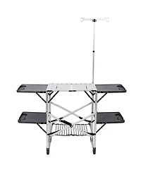 Mountaintop Foldaway Outdoor Cooking Table with Lamp Holder, 4 Side Trays, Mesh Storage Shelf