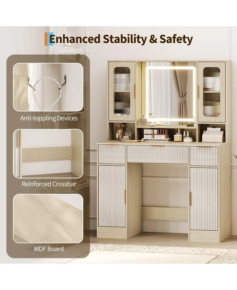 gaomon Vanity Desk with Mirror and Light, Makeup Dressing Table 2 Glass Cabinets, Large Cabinets 3 Wavy Drawers,