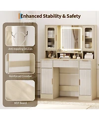 gaomon Vanity Desk with Mirror and Light, Makeup Dressing Table 2 Glass Cabinets, Large Cabinets 3 Wavy Drawers,