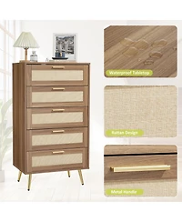 gaomon Modern Rattan 5-Drawer Dresser with Metal Handles and Splayed Legs – Mdf Tall Chest of Drawers for Bedroom, Entryway Living Room Storage