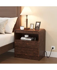 homfan Set of 2 Brown Fluted Nightstands with Charging Station and 2 Drawers