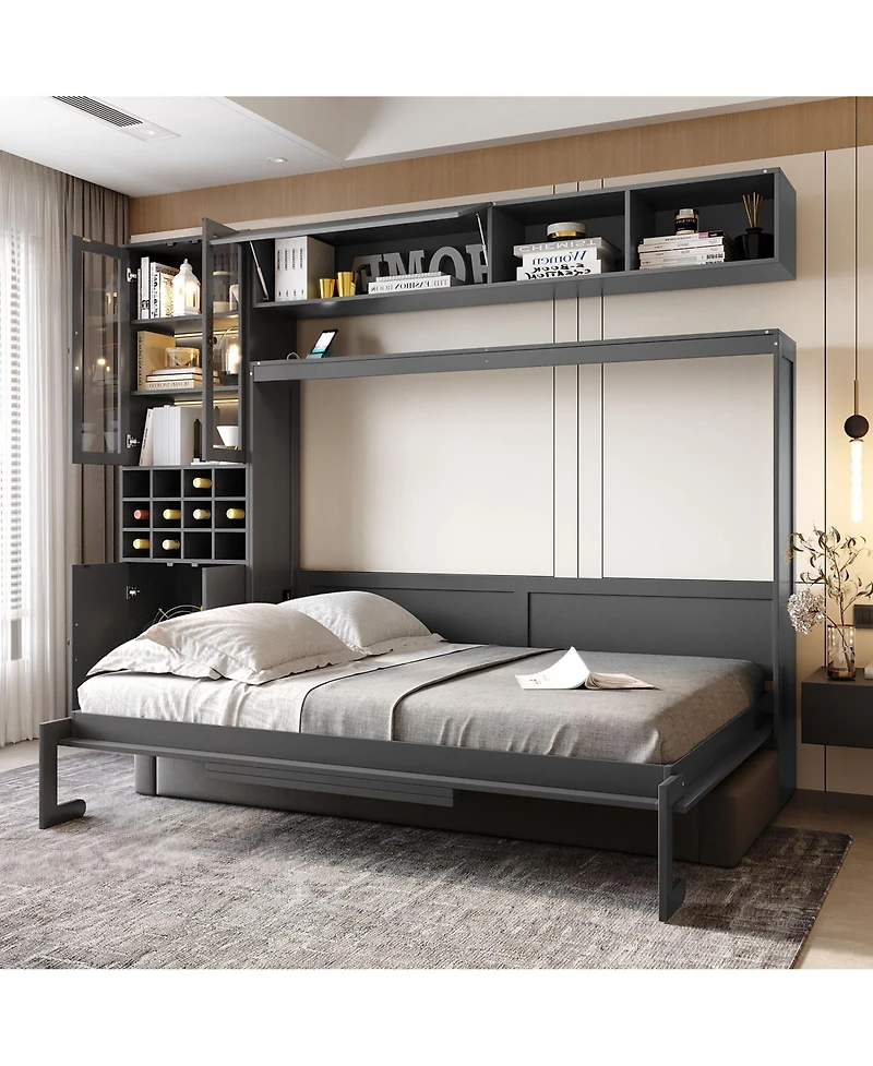 Clihome Full Size Murphy Bed Wall Bed with Sofa , Shelves Usb and Light