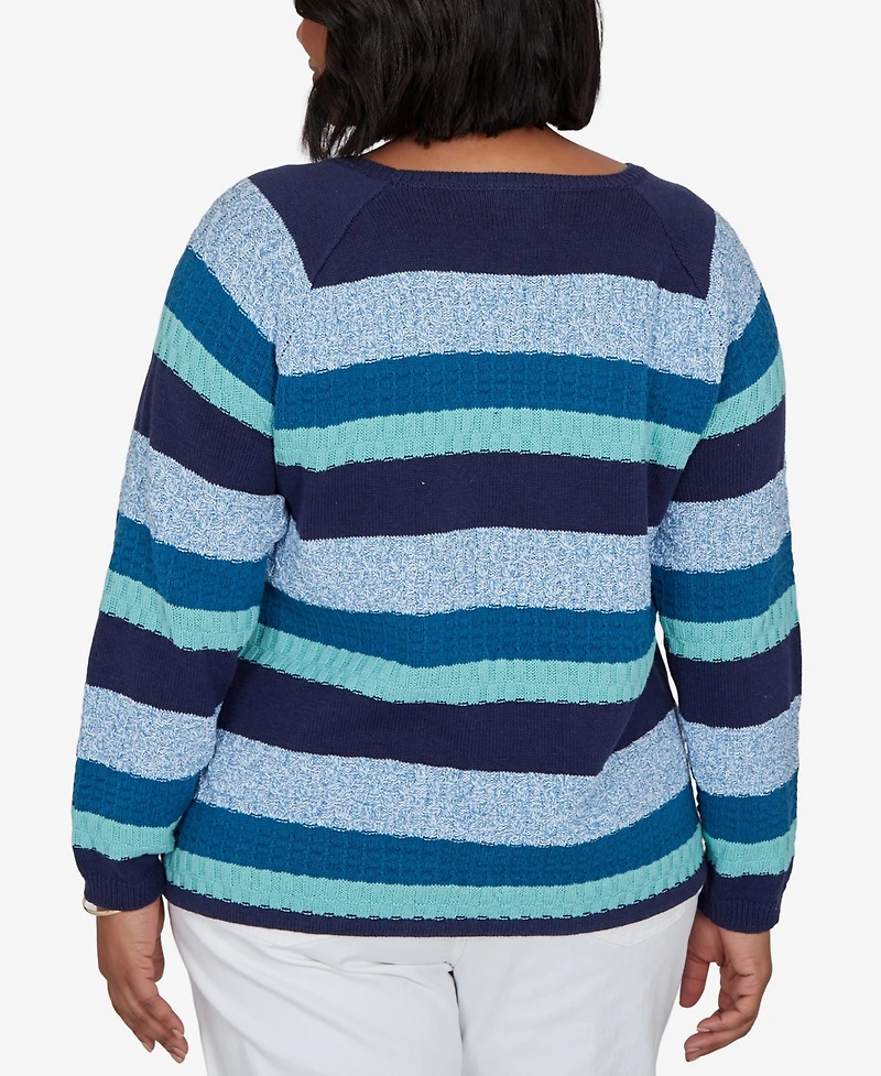 Hearts Of Palm Plus Scoop Neck Long-Sleeve Marled-Stripe Pullover Sweater