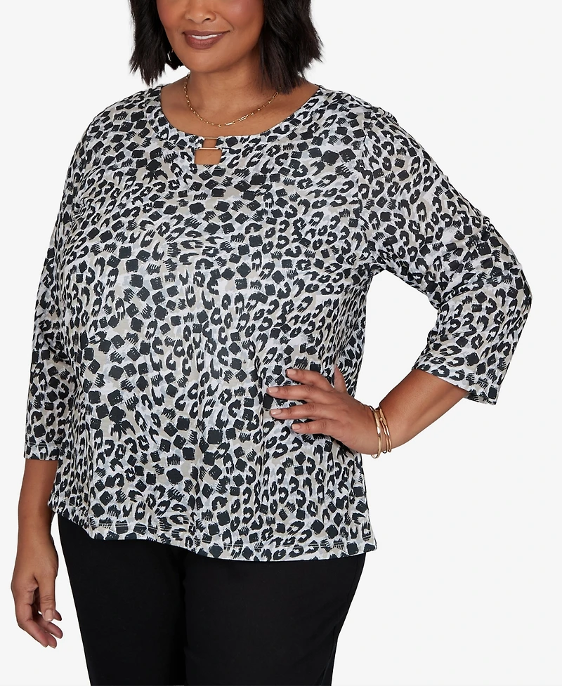 Hearts Of Palm Plus Animal-Print 3/4-Sleeve Blouse