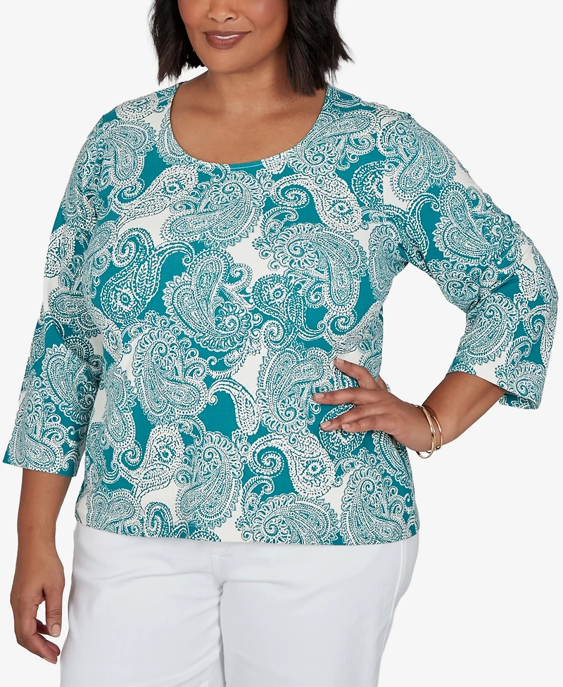Hearts Of Palm Plus Stamped Paisley 3/4-Sleeve Scoop Neck T-Shirt