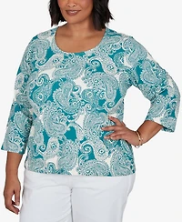 Hearts Of Palm Plus Stamped Paisley 3/4-Sleeve Scoop Neck T-Shirt