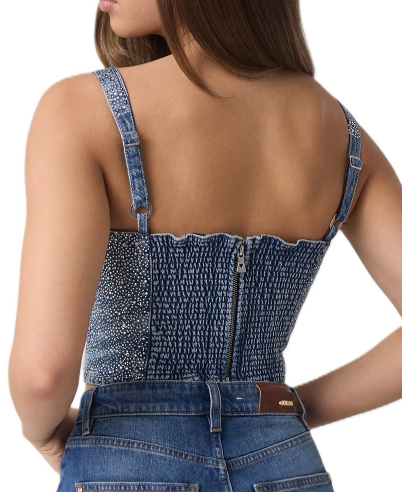 Guess Women's Gala Square-Neck Embellished Sleeveless Denim Bustier