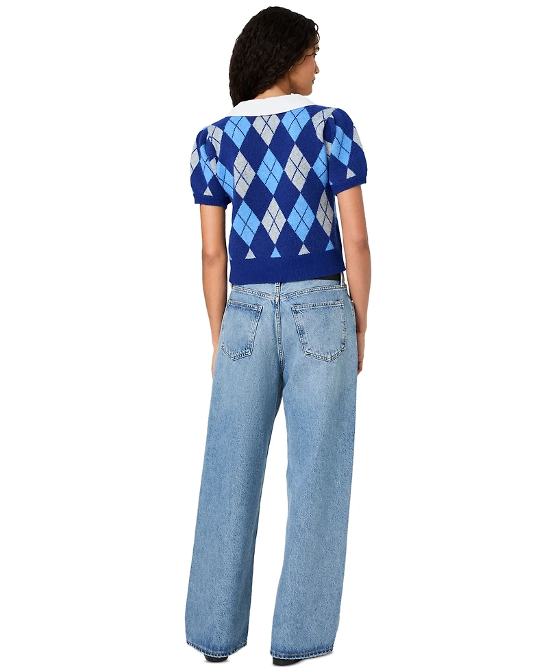French Connection Women's Koda Puff-Sleeve Argyle-Jacquard Collared Top