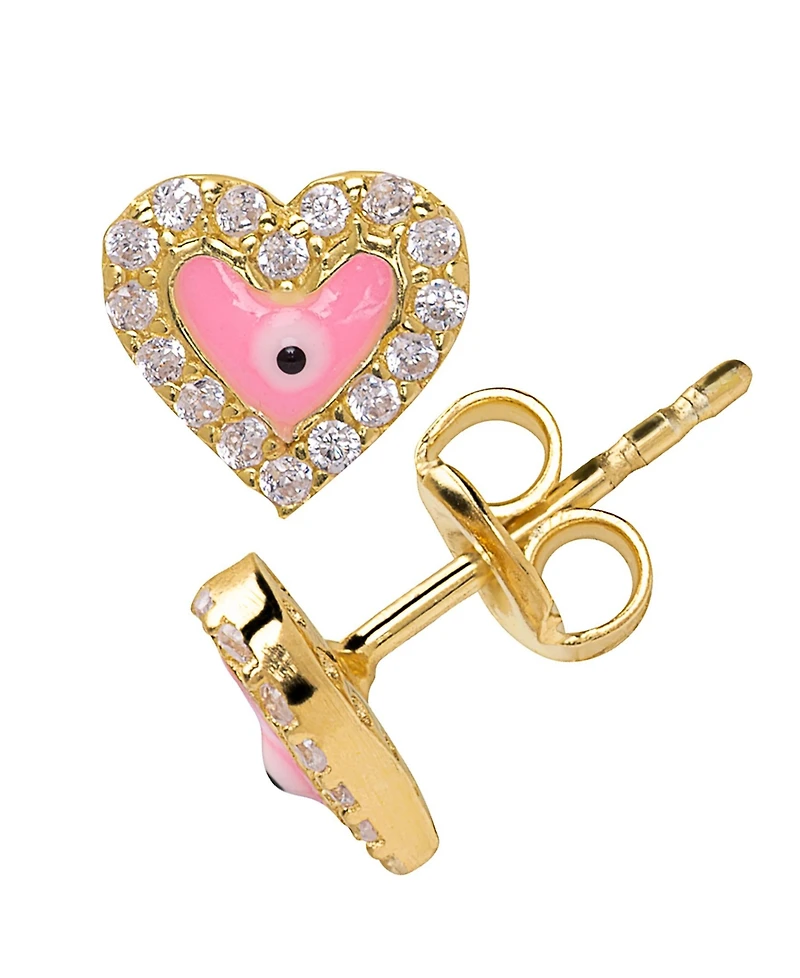 Lily Nily Girls Enamel Evil Eye Heart Cubic Zirconia Halo Stud Earrings in 14K
