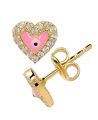 Lily Nily Girls Enamel Evil Eye Heart Cubic Zirconia Halo Stud Earrings in 14K
