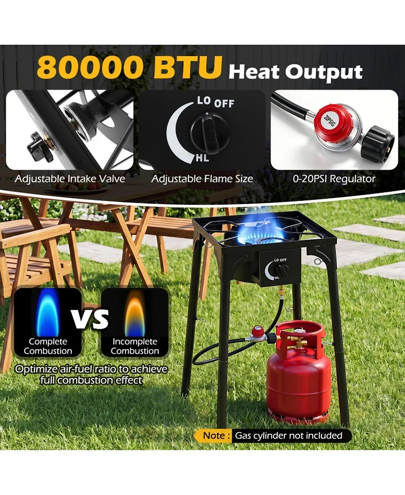 Sugift Single Burner Propane Camping Stove 80000 Btu with Adjustable Regulator and Hose for Outdoor Cooking