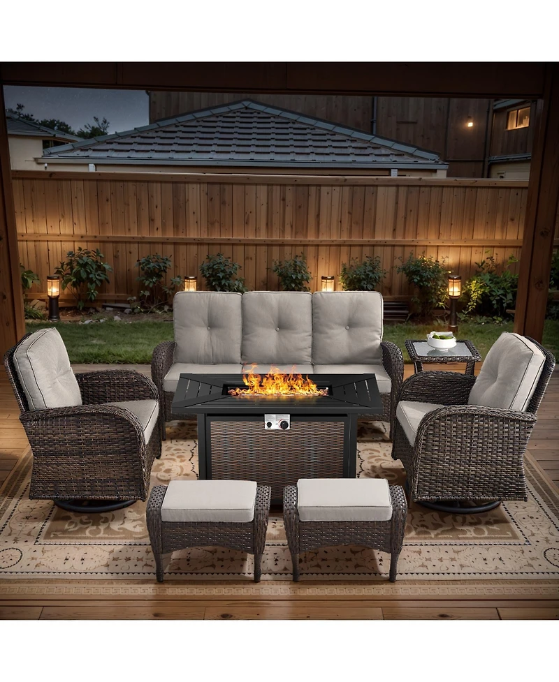 Bellefurn 7-Piece Outdoor Wicker Nighttime Conversation Set for Family and Cozy Backyard Nights with Sofa, Swivel Rocking Chairs Ottomans