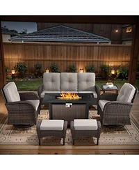 Bellefurn 7-Piece Outdoor Wicker Nighttime Conversation Set for Family and Cozy Backyard Nights with Sofa, Swivel Rocking Chairs Ottomans