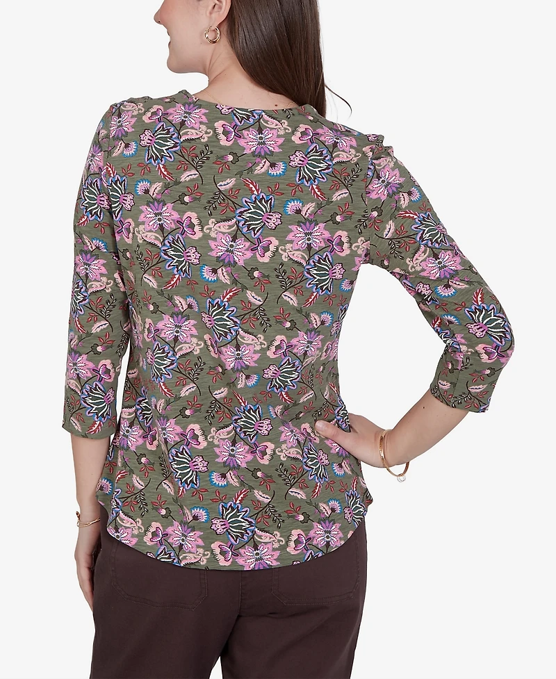 Ruby Rd. Petite Kint Garden Top Square-Neck 3/4-Sleeve Floral Blouse