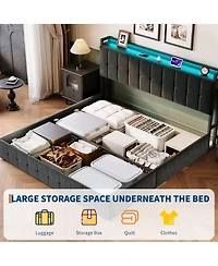 Gaomon King Bed Frame with Lift Up Storage and Led Lights, Velvet Bed with Storage Headboard and Charging Station, Metal Platform Bed