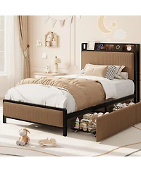 homfan Bed Frame with 2 Drawers and Charging Station, Upholstered Headboard Led Lights, Under Storage