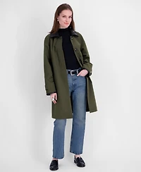 Tahari Women's Water-Resistant Faux-Leather Collared Balmacaan Coat