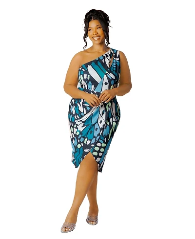 Buxom Couture Plus Butterfly Print One Shoulder Mini Dress