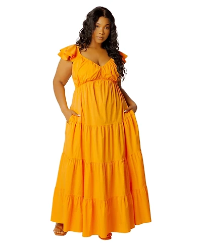 Buxom Couture Plus Flutter Sleeve Tiered Maxi Dress