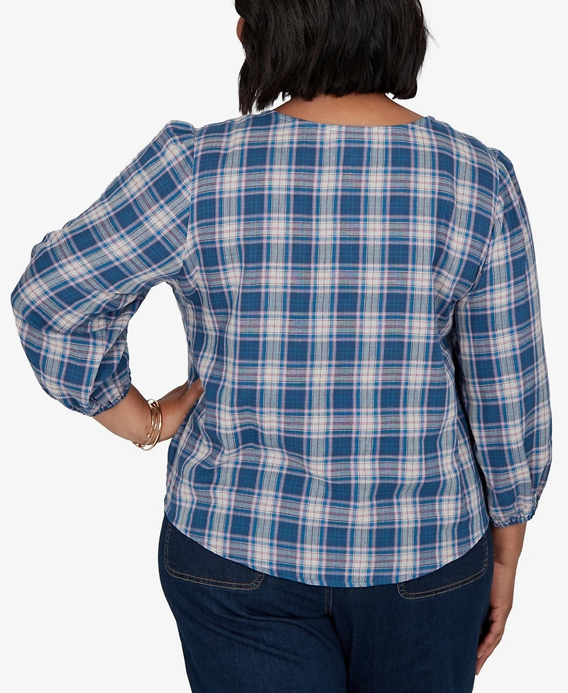 Ruby Rd. Plus Homestead Plaid 3/4-Sleeve Button-Front Top