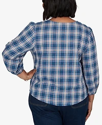 Ruby Rd. Plus Homestead Plaid 3/4-Sleeve Button-Front Top
