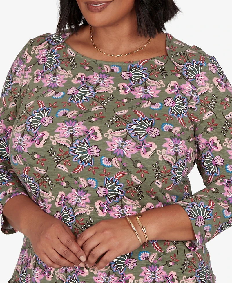 Ruby Rd. Plus Knt Garden Square Neck 3/4-Sleeve Floral Cotton-Blend T-Shirt