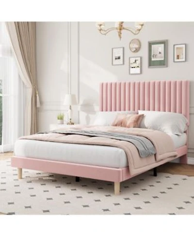 Gaomon Velvet Upholstered Platform Bed Frame With Adjustable Headboard Vertical Channel Tufted Strong Wooden Slats