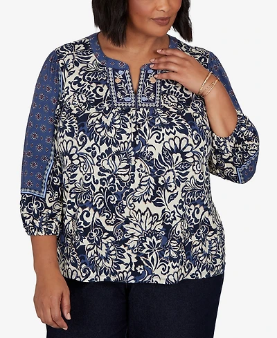 Ruby Rd. Plus Foliage Floral Henley 3/4-Sleeve Top