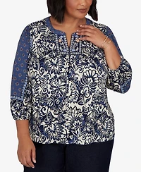 Ruby Rd. Plus Foliage Floral Henley 3/4-Sleeve Top