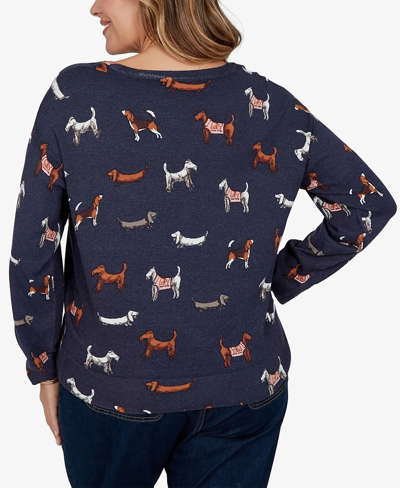 Ruby Rd. Plus Ballet Neckline Allover Dog Print Long-Sleeve Sweater