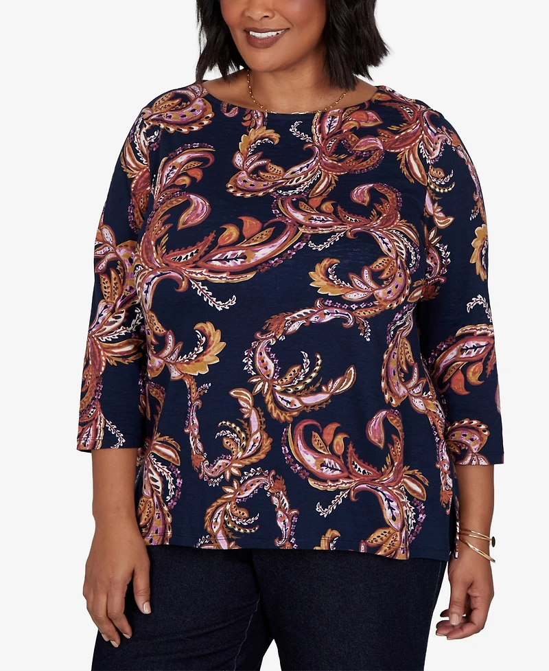 Ruby Rd. Plus Paisley 3/4-Sleeve Boat-Neck T-Shirt