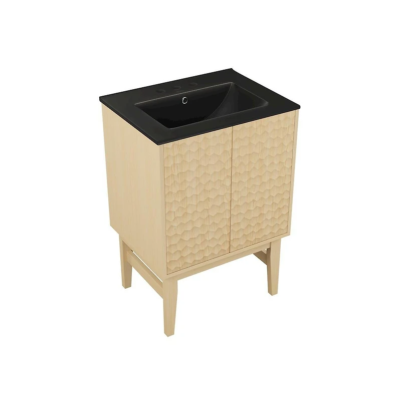 Swiss Madison 24" Freestanding Bathroom Vanity in Natural Oak, Black 3-Hole Centerset Sink Top