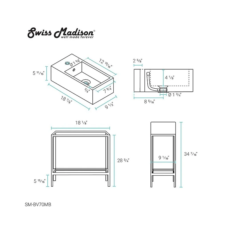 Swiss Madison Pierre 19.5 Single, Freestanding, Open Shelf, Matte Black Frame Bathroom Vanity