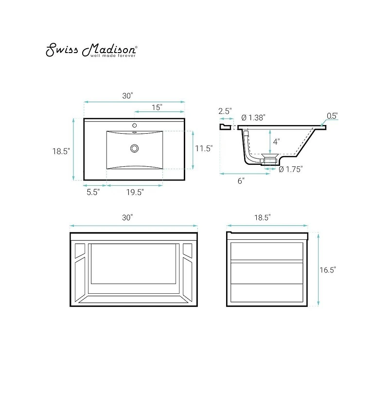 Swiss Madison Claire 30" Wall-Mounted Bathroom Vanity in Black Oak with Sink Top