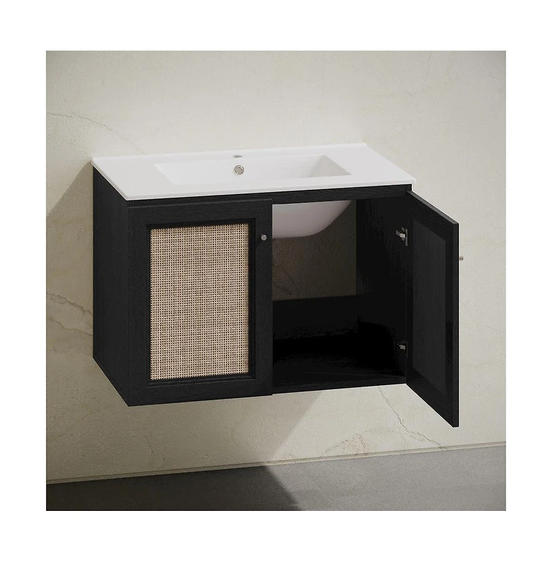 Swiss Madison 30" Wall-Mounted Bathroom Vanity in Black Oak with Single Faucet Hole Vanity Top