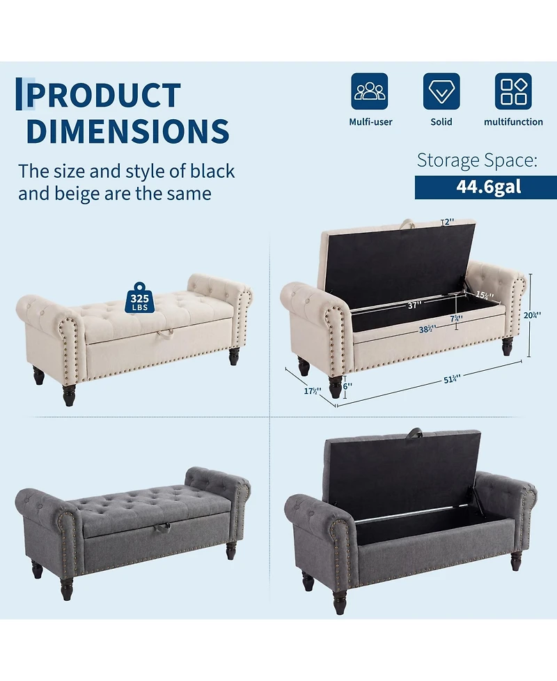 gaomon Storage Bench 51 Inch Upholstered Button Tufted Ottoman with Rolled Arms Safety Hinge Linen Fabric for Bedroom Entryway