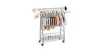Slickblue Adjustable Rolling Garment Rack with Double Rods and Storage Basket for Laundry Room