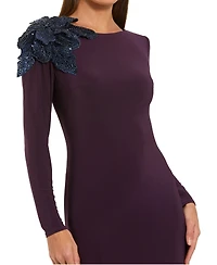 Mac Duggal Women's Floral Applique Long Sleeve Column Gown