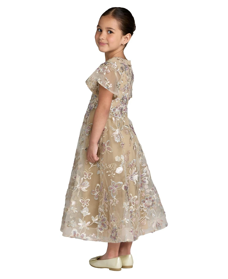 Mac Duggal Little Girls Floral Embroidered Mesh Flutter Sleeve Dress