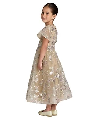 Mac Duggal Little Girls Floral Embroidered Mesh Flutter Sleeve Dress