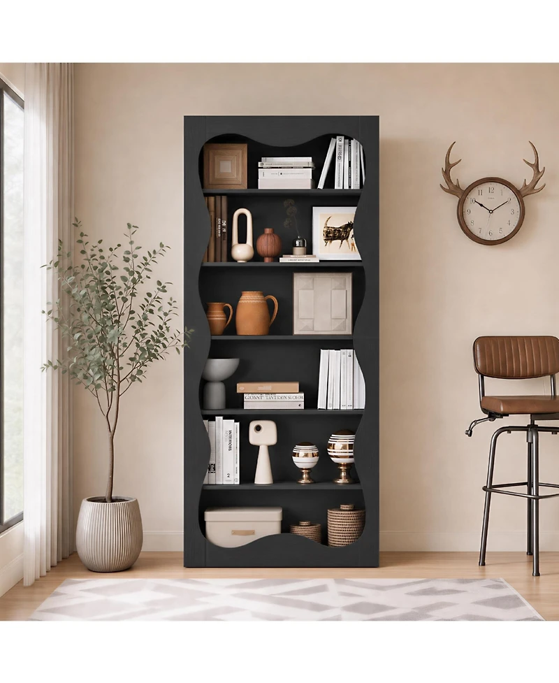 gaomon Bookshelf Tall 6 Tier Modern Office Bookcase with Wavy Scalloped Edge Freestanding Wooden Storage Display for Living Room Bedroom Home